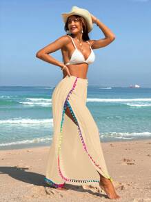 Swim Vcay 女士度假蓬松绒球装饰开衩下摆罩衫裤套装