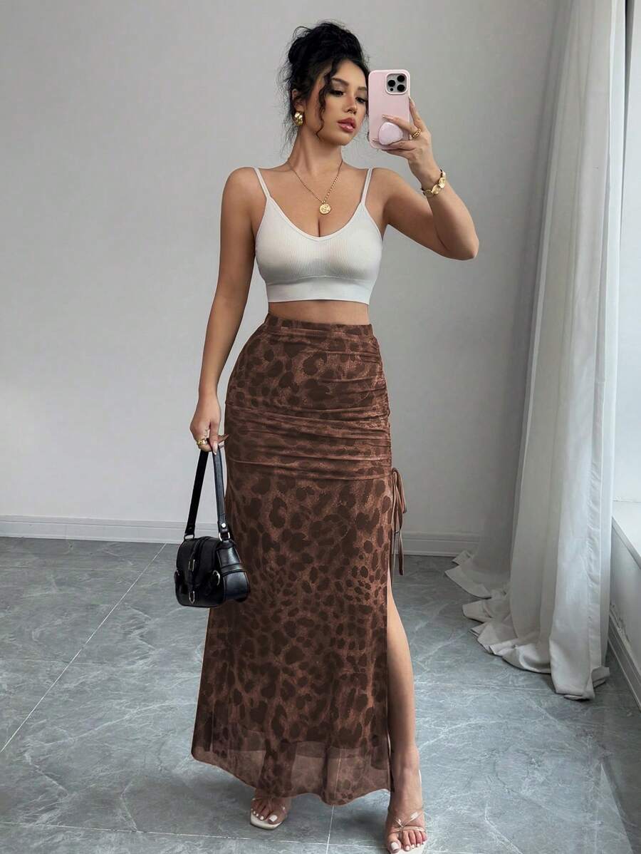 Rafferiza Women's Leopard Print Mesh Drawstring Slit Midi Skirt, Fashionable & Elegant Fall Cloth For Women - Khaki - View 1