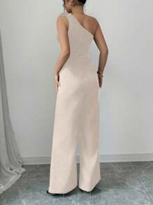 Rafferiza Tuta elegante da donna a colore uniforme, con colletto asimmetrico e fiori 3D, aderente
