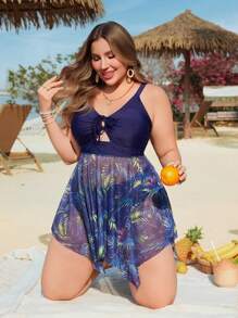 Swim Lushoire Top de tankini de talla grande con estampado de hojas tropicales y volantes en el bajo, con Bottom a juego