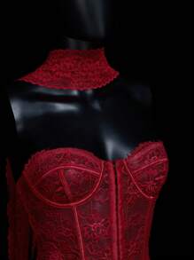 SHEIN ICON Lace Mesh Fish Bone Wireframe Pendant Decoration V-Neck Blouse For Women - Hot Pink - View 7