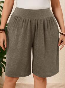 EMERY ROSE 2pcs/Set Plus Size Women's Solid Pocketed Casual Knee Length Shorts - Khaki - View 6