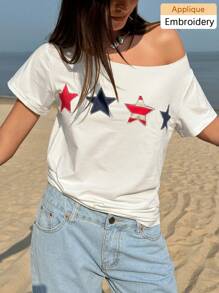 Jouncy 女式不对称领口短袖休闲 T 恤配星星补丁 - 白色 - 查看 3