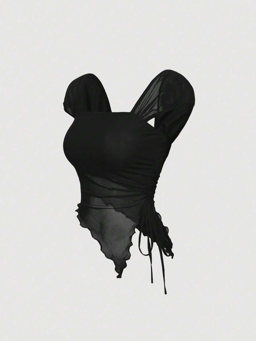 SHEIN MOD Black Cute Lace-Up Casual T-Shirt, Outgoing Top, Fashionable Blouse For Women