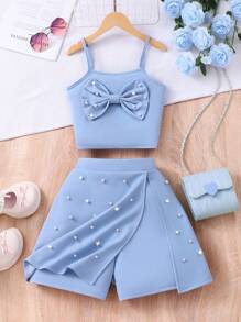 Sparklyn Tween Girls Bow Accent Pearl Decor Camisole Top And Pearl Skort Set - Blue - View 1