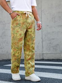 Manfinity Homme Men's Yellow Autumn Boho Vacation Holiday Floral Jacquard Loose Straight-Leg Pants,Elastic Waistband Baggy Flower Pants For Hawaiian Beach & Festival - Yellow - View 4