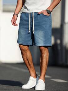 Manfinity Homme Plus Size Men's Summer Casual Washed Drawstring Waist Loose Denim Shorts