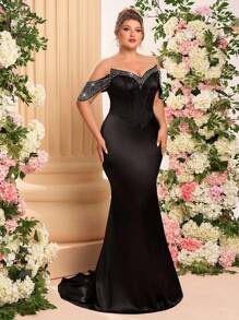 Glamrae 加大码优雅黑色夸张 V 领紧身美人鱼紧身露肩高腰串珠长礼服，适合鸡尾酒会、派对、婚礼、正式活动、晚会、婚礼宾客 - 黑色 - 查看 6