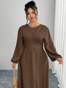 Modelyn Plus Size Solid Color Long Sleeve Dress, Fashionable For Summer - Coffee Brown - View 4