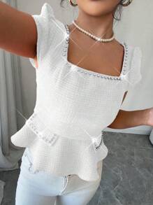 Elenzga Women Spring/Summer Resort Bohemian Square Neck Faux Pearl Beaded Blouse