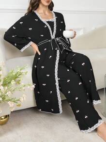 Moonlight&Mama 3pcs Maternity Sleepwear Set With Romantic Bubble & Cherry Blossom Print, Cozy And Elegant Details, Clothes, Fall & Winter - Black - View 3