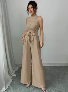 Elenzga Pearl Beaded Sleeveless Cinched Waist Khaki Jumpsuit,Elegant,Summer,Party,Women's Stacked Neck Wide Leg Jumpsuit For Wedding Evening Gowns - Khaki - View 6
