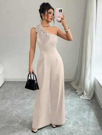 Rafferiza Damer i enfärgad asymmetrisk krage 3D Flower Elegant Fitted Jumpsuit