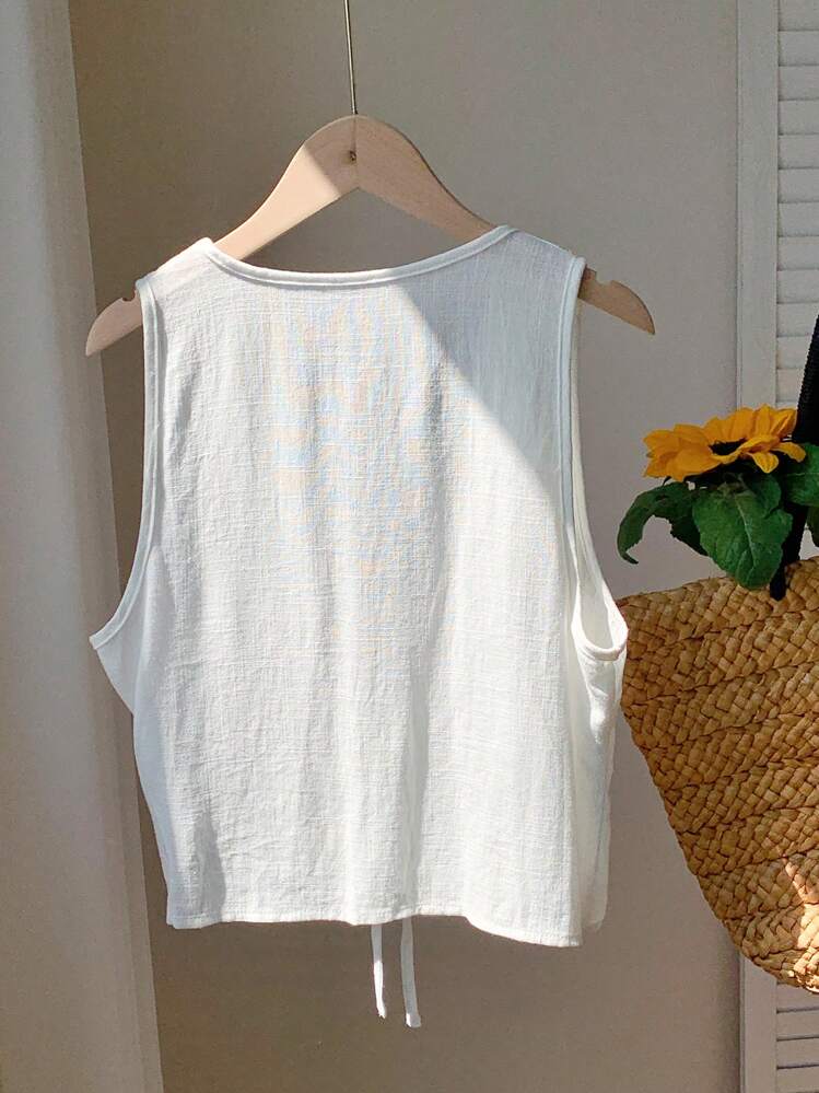 Comfortcana Blouse avec nœud devant en lin pour femmes, hauts sans manches - Beige - Voir 2