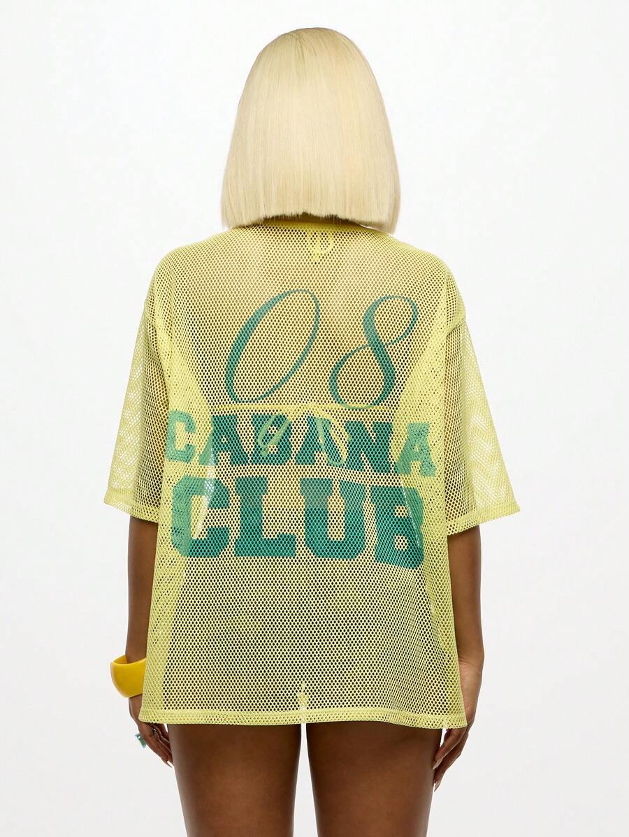 SUMWON WOMEN Mesh Beach Cover Up Jersey Style Retro Swim Cover Up Varsity Print Athletic Beachwear Loose Fit Summer Pool Coverup Breathable Net Fabric Sportswear - Yellow - View 1