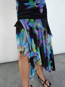 Maija 2015 夏季新款现代优雅商务休闲毕业季早午餐婚礼宾客日常百搭激光全息大花高开叉荷叶边下摆可调节肩带网纱连衣裙，适合复活节、音乐节 - 黑色 - 查看 4
