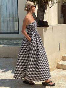Women Plaid Print Dress, Long Strapless Design, Spring/Summer Sundress Vacation Maxi Dress - Black and White - View 3