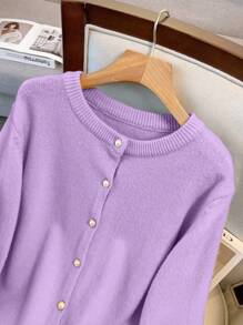 GlowEve CURVE 女式大码休闲简约优雅圆领单排扣长袖开衫 - 紫色 - 查看 3