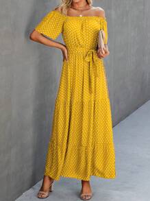 SHEIN Clasi Polka Dot Print Off Shoulder Ruffle Hem Tie-Front Short Sleeve Dress - Multicolor - View 5