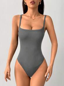 SHEIN PETITE Women's Ribbed Ribbed High Elastic Tight Suspender Bodysuit - Dark Grey - View 3