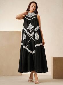 Anewsta Vestido sin mangas con bordado floral elegante bohemio para vacaciones, atuendos de primavera/verano para mujeres