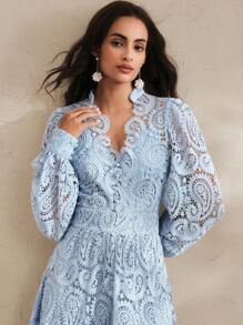 Anewsta Spring/Summer Women's V-Neck Lace Embroidery Floral Cinched Waist Lantern Sleeve Dress