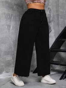 SHEIN SXY Plus Size Women Denim High Waist Wide Leg Jeans With Slit Detail Summer Outfits For Women Festival Outfits - Black - View 3