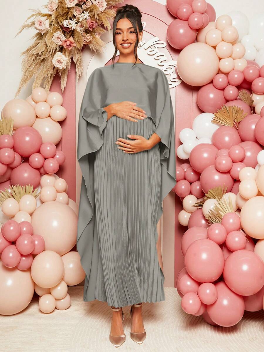 Loomaby 孕妇优雅纯色褶皱孕妇装 - 灰色 - 查看 1