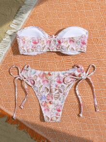 SHEIN Swim Women's Summer Beach Vacation Seashell Print Drawstring Bandeau Swimwear Bikini Set