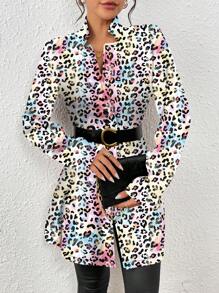 SHEIN Clasi Women's Casual Resort Knit Textured Leopard Print Slim Fitted Jacket - Multicolor - View 4