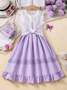SHEIN Tween Girl 2 件套：白色蕾丝边衬衫和蓝色花卉印花吊带裙，可爱优雅的夏季日常休闲装 - 紫色 - 查看 1
