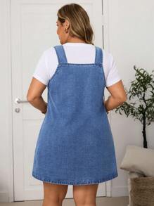 EMERY ROSE Đầm denim không tay cổ chữ V màu trơn cỡ lớn có túi - Màu xanh lam - Xem 2