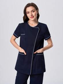 Scrubzie Camice da infermiera donna con scollo asimmetrico e tessuto a contrasto di colore, a maniche corte