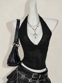 SHEIN ICON 女士休闲深 V 领扭结背心 - 黑色 - 查看 9