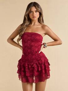 SHEIN BAE 女士夏季勃艮第纯色约会夜总会优雅花卉蕾丝边分层荷叶边下摆迷你连衣裙/分层蛋糕下摆迷你连衣裙适合生日派对、节日聚会、情人节