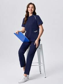 Scrubzie 2pcs Women Contrast Color Multi-Pocket Short Sleeve Top And Long Pants Uniform Set - Navy Blue - View 4