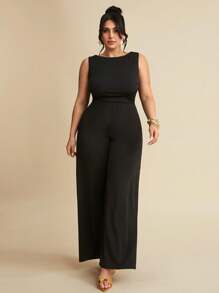 SHEIN BAE 夏季海滩度假大码服装节日服装派对聚会、约会旅行、外出、音乐节服装、演唱会服装、乡村音乐节服装，纯黑色优雅性感露背系带蝴蝶结无袖超阔腿连体裤，适合日常穿着、约会、派对、聚会、外出、不对称阔腿连体裤、情人节连体裤、休闲连体裤、优雅连体裤 - 黑色 - 查看 6