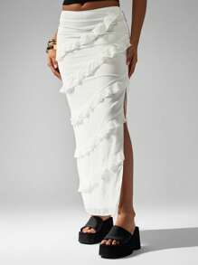 MISSGUIDED Contemporary Tiered Ruffle Midi Skirt Elegant Evening Party Wedding Guest Special Occasion Spring Summer Vacation Beach Club Festival Holiday Side Slit Flowy - White - View 1