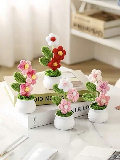 1pc Chic Knitted Crochet Plant With Artificial Flowers - Crochet Flowers Crochet Flower Bouquet For Home And Holiday Decor Best Gifts Birthday