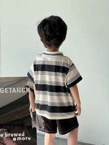SHEIN 2pcs Set Young Boys Korean Style Sporty College Chic Cute Holiday Casual Versatile Stylish Striped Bear Decor Polo Shirts And Black Shorts - Black - View 2
