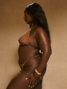 MUSERA Plus Eyelet Thread Detail Tie Side Bikini Bottom Only Boho Summer Vacation Swim Holiday Beach Sexy Cute Elegant - Brown - View 2