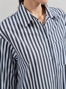 Ontre Long Sleeve Striped Shirt Dress, Casual Mid-Length Shift Dress With Collared Neck, Modern Urban Style, Black & White Stripe, Spring Apparel - Black - View 8