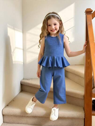 2pcs Young Girl Beach Vacation Set: Sleeveless Ruffle Hem Blouse + Wide Leg Pants, Sisters Matching Outfit, Blue