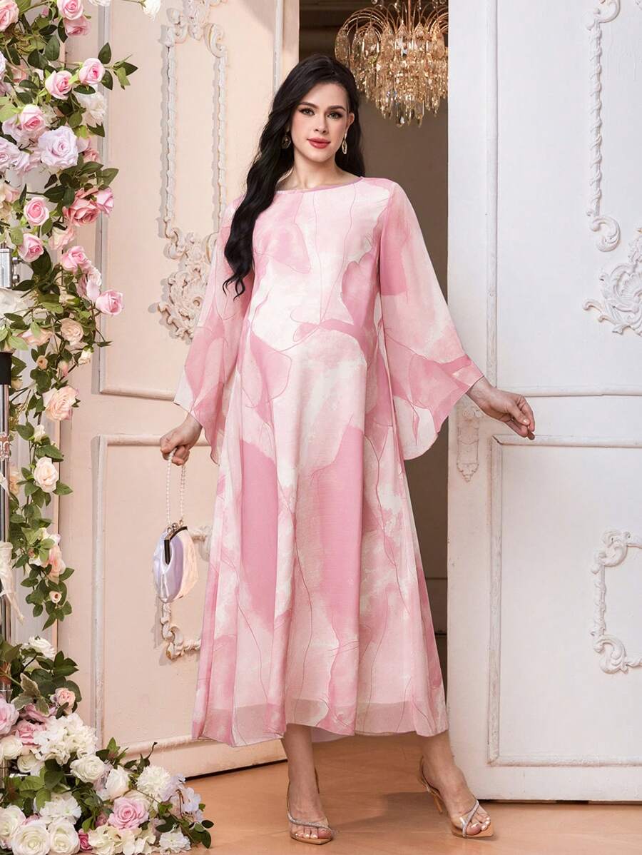 SHEIN Đầm bầu cổ tròn in họa tiết toàn thân thanh lịch tay dài cho bà bầu - Hồng - Xem 1