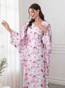 Al Najma 2025春夏新款中东阿拉伯风格休闲土耳其印花连衣裙，简约长袍 - 粉色 - 查看 1