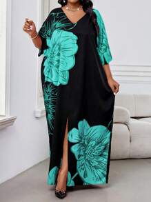 SHEIN Lady 春夏休闲优雅波西米亚风黑色编织 V 领直筒束腰连衣裙卡夫坦连衣裙长款大码连衣裙复活节连衣裙女装春季服装 - 藍色 - 查看 3