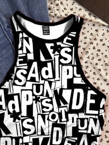 Attitoon Artist Women's Simple Casual Full-Print English Graffiti Letter Pattern Crew Neck Tight Fit Tank Top Summer Back To School Chic - White - View 3