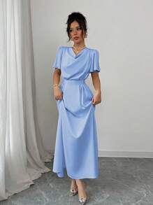 Elenzga 女士香槟色缎面 V 领修身腰后蝴蝶结连衣裙，适合情人节和婚礼季节 - 淺藍色 - 查看 6