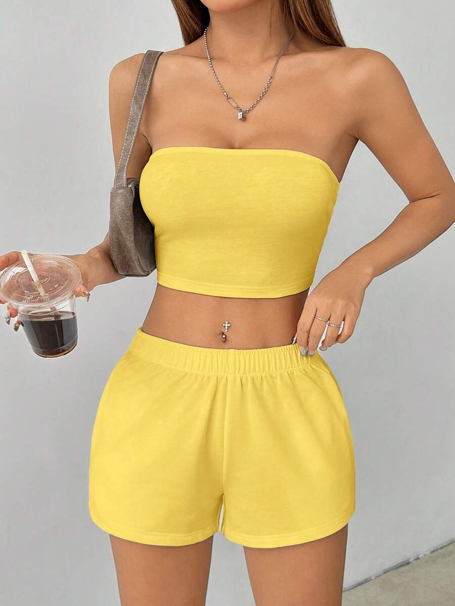 SHEIN PETITE Women's Solid Color Casual Two Pieces Set - Yellow - View 1