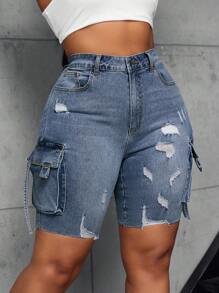 SHEIN SXY 大码休闲洗水做旧工装牛仔短裤